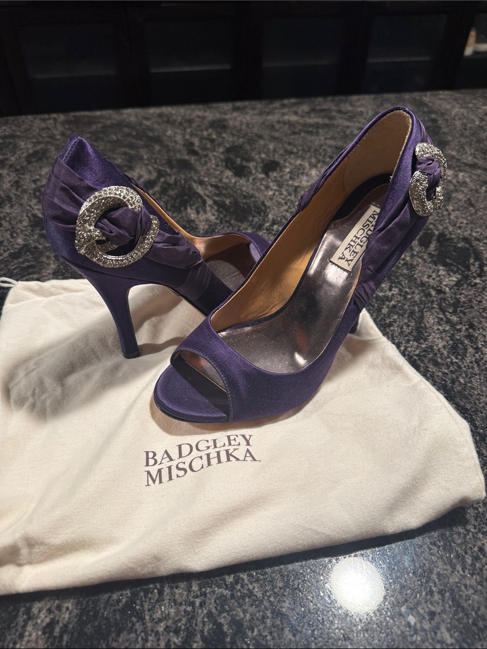 Badgley Mischka Purple Satin Peep-Toe Heels with Crystal Buckles